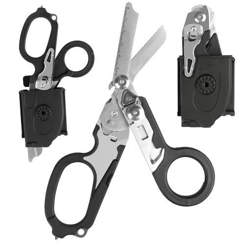 6 in 1 Multifunktions-faltbare Trauma-Schere mit kompatiblen Holster, Notfall-Response-Schere Camping Rettungswerkzeuge im Freien mit Bandschneider und Glasbrecher (Schwarz) von Wula