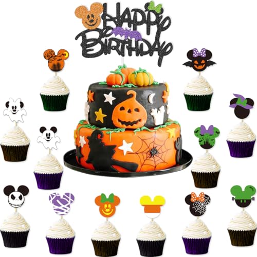 25 Stück Mickey Halloween Happy Birthday Cake Topper Mickey Minnie Cupcake Topper für Mickey Minnie Thema Halloween Geburtstag Party Dekorationen von Wulagogo