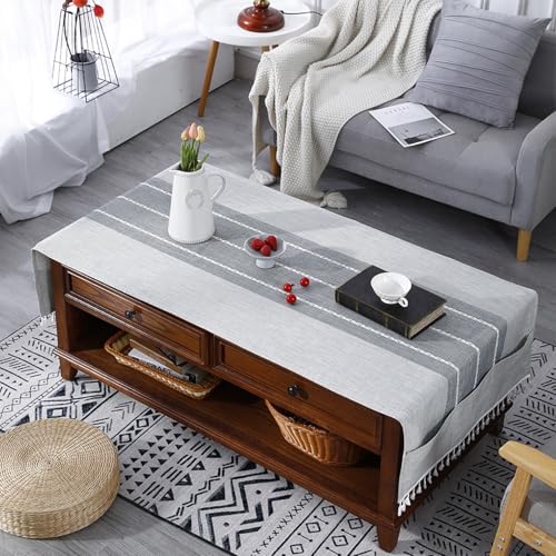 Gestreifte Tischdecke für Couchtisch, rechteckige Baumwoll-Leinen-Tischdecke mit Taschen und Quasten, knitterfrei, waschbar, Staubschutz für Wohnzimmer, Küche, Party-Dekoration, 60 x 160 cm, Grau Gestreifte Tischdecke für Couchtisch, rechteckige Baumwoll-Leinen-Tischdecke mit Taschen und Quasten, knitterfrei, waschbar, Staubschutz für Wohnzimmer, Küche, Party-Dekoration, 60 x 160 cm, Grau von Wuluwala