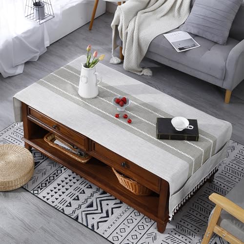 Gestreifte Tischdecke für Couchtisch, rechteckige Baumwoll-Leinen-Tischdecke mit Taschen und Quasten, knitterfrei, waschbar, Staubschutz für Wohnzimmer, Küche, Party-Dekoration, 70 x 160 cm, Taupe Gestreifte Tischdecke für Couchtisch, rechteckige Baumwoll-Leinen-Tischdecke mit Taschen und Quasten, knitterfrei, waschbar, Staubschutz für Wohnzimmer, Küche, Party-Dekoration, 70 x 160 cm, Taupe von Wuluwala