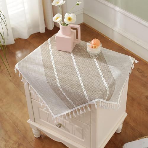 Kleine quadratische Tischdecke für Beistelltisch, rustikal, gestreift, mit Quaste, Polyestergewebe, waschbar, knitterfrei, bestickt, Jacquard-Nachttisch, Tischdecke, Küche, Esszimmer, Urlaub von Wuluwala