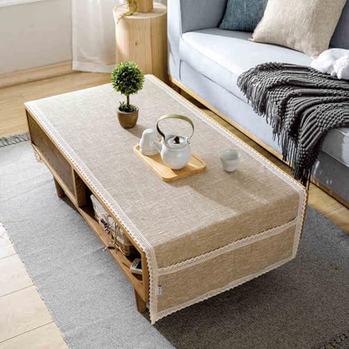 Rechteckige Leinen-Tischdecke mit Spitzenbesatz, Tischdecke mit Taschen, waschbar, knitterfrei, Staubschutz, Vintage-Stil, Dekorationen für Wohnzimmer, Party, Zuhause, Küche, Hellbraun, 60 x 170 cm Rechteckige Leinen-Tischdecke mit Spitzenbesatz, Tischdecke mit Taschen, waschbar, knitterfrei, Staubschutz, Vintage-Stil, Dekorationen für Wohnzimmer, Party, Zuhause, Küche, Hellbraun, 60 x 170 cm von Wuluwala