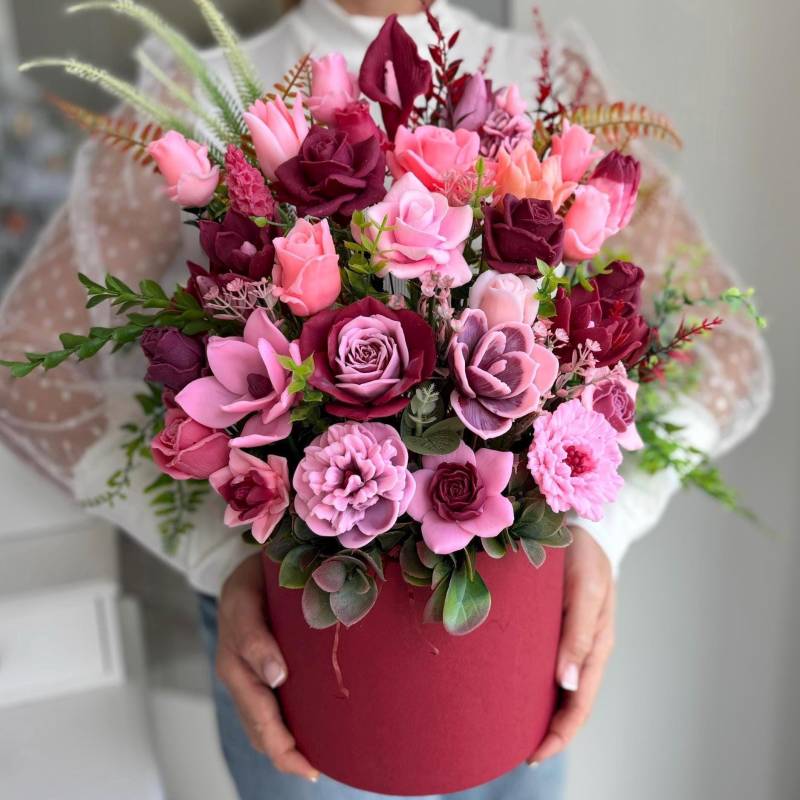 Extra Groß Bordeaux- Und Rosa-Seifenblumenstrauß in Geschenkbox - Handgemachte Natürliche Seifenrosen, Luxuriöses Blumengeschenk Für Frauen von WunderBlumenBoutique