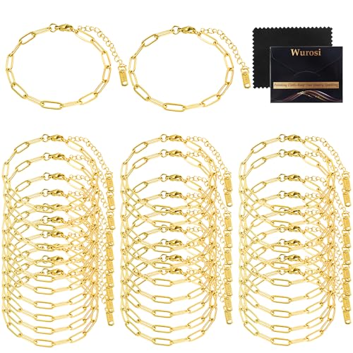 30 Stück 18 Karat vergoldete Büroklammer-Charm-Armbänder aus Edelstahl, verstellbare Charm-Armbänder mit Karabinerverschlüssen für DIY-Schmuckherstellung (Gold) von Wurosi