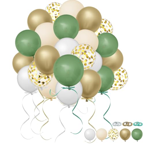 Wusboo 120 Stück 12 Zoll Luftballons Geburtstag – Salbeigrüne & Goldene Metallic-Ballons, Weiße & Konfetti Ballons Für Geburtstagsdeko, Hochzeitsdeko, Taufe, Ballonbogen & Partydeko von Wusboo