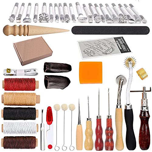 Wuudi DIY Leder Handwerk Handwerkzeug Kit, Leder Nähwerkzeuge, Nähen, Nähen, Stanzen, Schnitzen, Sattel, Leder Kunstzubehör, Ahle Fingerhut, zum Nähen von Leder und Leinwand von Wuudi