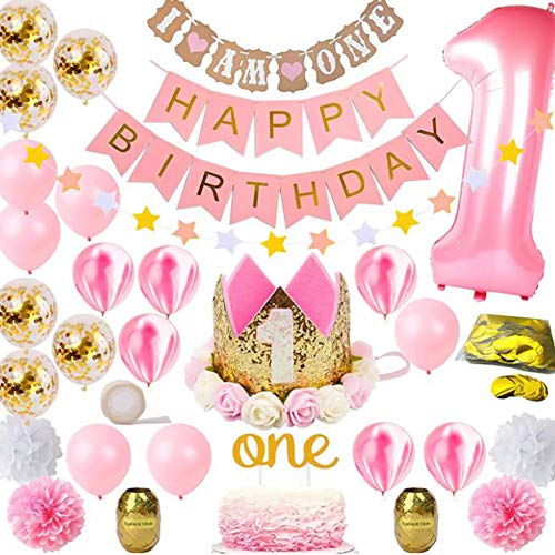 Wuudi Geburtstagsdeko Mädchen Rosa 1 Jahr ersten Geburtstag Dekorationen Set Happy Birthday Confeti Ballons Princess Pink Theme Kit von Wuudi
