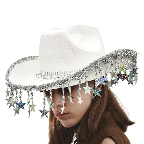 Wuyooprt Funkelnde Cowgirl-Hüte – Western-Cowboyhut, fünfzackige Sternquasten, Kopfbedeckung für Cosplay, Bühnenauftritte von Wuyooprt