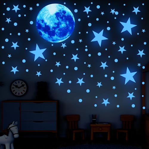 435 Stück Leuchtsterne Kinderzimmer Selbstklebend, Sterne Selbstklebende Wandaufkleber, Mond und Sterne, Fluoreszierende Wandaufkleber für Sternenhimmel, Dekorative Aufkleber (Blaue Sterne) von Wvu & Wvo