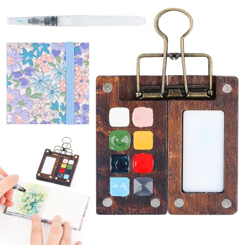 Wvu & Wvo Skizzenbuch Palette Set 8 Grids Mini Holz Reise Malpalette Malkasten, Mini-Reise Aquarell Gouache Acrylmalerei Kommen mit Aquarellpapier Journal, Aquarellpinsel Stifte und Clip von Wvu & Wvo