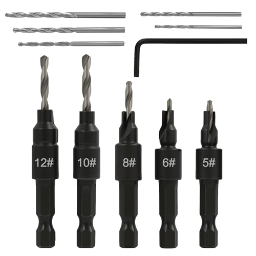 5 Stück Senker Bohrer Set für Holzbearbeitung, HSS-Spiralbohrer mit 1/4" Sechskantschaft und Aufstecksenker,Bohrer mit Senker für Holz, Inklusive Schraubenschlüssel, für Holz, Kunststoff und PVC von Wvxilyr