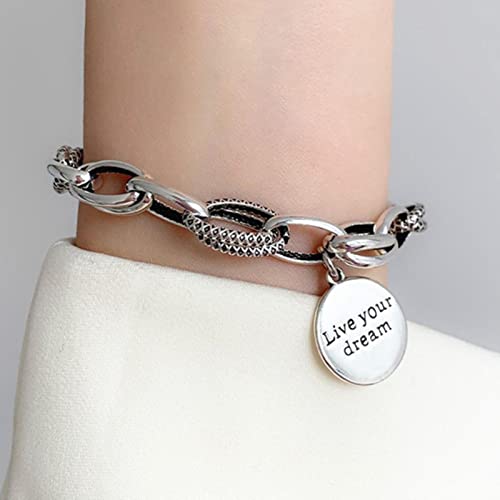 Wxbc 925 Sterling Silber Dicke Kette Bettelarmband für Frauen Vintage englischer Buchstabe runder Anhänger Silber Schmuck Geschenk-Länge 19,8 cm Wxbc 925 Sterling Silber Dicke Kette Bettelarmband für Frauen Vintage englischer Buchstabe runder Anhänger Silber Schmuck Geschenk-Länge 19,8 cm von Wxbc