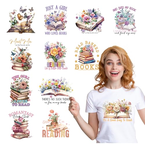 Buch DTF Transfers Ready to Press – Wxiben 12 Blatt Buchliebhaber Bügelbilder für T-Shirts Vintage Blumen DTF Heat Transfer Vinyl Aufkleber Buchish Iron on Decals für Kleidung T-Shirts Hoodie DIY von Wxiben