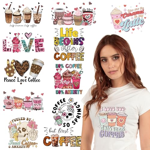 Kaffee Dtf Transfers Ready to Press – Wxiben 12 Blatt Kaffee Bügelbilder für T-Shirts, DTF Wärmetransfer, Vinyl-Aufkleber, Totenkopf-Aufkleber zum Aufbügeln für Kleidung, T-Shirts, Hoodie, Rucksack, von Wxiben