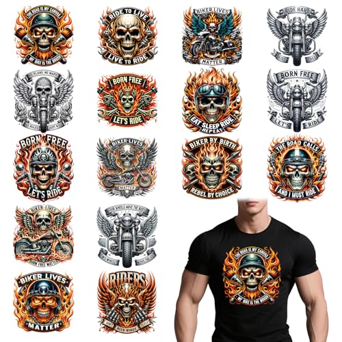 Wxiben Dtf Transfers, fertig zum Drücken, 16 Stück Motorrad-Totenkopf-Bügelbilder für T-Shirts, Reiter, Biker, Totenkopf, Wärmetransfer, Vinyl-Aufkleber, zum Aufbügeln für Kleidung, Tasche, Hoodie Wxiben Dtf Transfers, fertig zum Drücken, 16 Stück Motorrad-Totenkopf-Bügelbilder für T-Shirts, Reiter, Biker, Totenkopf, Wärmetransfer, Vinyl-Aufkleber, zum Aufbügeln für Kleidung, Tasche, Hoodie von Wxiben