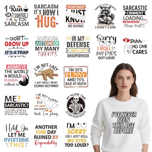 Wxiben Dtf Transfers Ready to Press – 20 Stück sarkastische Bügelbilder für T-Shirts, lustige Tier-Zitate, Wärmetransfer-Vinyl-Aufkleber, Humor, zum Aufbügeln für Kleidung, Tasche, Hoodie, DIY von Wxiben