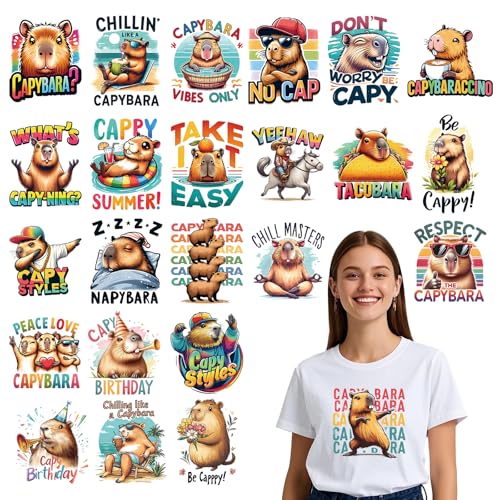 Wxiben Dtf Transfers Ready to Press – 24 Stück Capybara Bügelbilder für T-Shirts, Cartoon-Tier-Wärmetransfer-Vinyl-Aufkleber, niedliche Capybara-Aufkleber zum Aufbügeln für Kleidung, Tasche, Hoodie Wxiben Dtf Transfers Ready to Press – 24 Stück Capybara Bügelbilder für T-Shirts, Cartoon-Tier-Wärmetransfer-Vinyl-Aufkleber, niedliche Capybara-Aufkleber zum Aufbügeln für Kleidung, Tasche, Hoodie von Wxiben