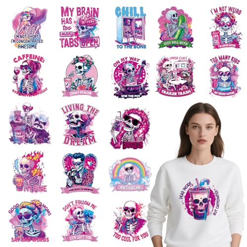 Wxiben Lustige Skelett-Bügelbilder – 20 Blatt sarkastischer Totenkopf DTF Transfers bereit zum Drücken, rosa Snarky Skelett Wärmetransfer-Vinyl-Aufkleber zum Aufbügeln für Kleidung, Hoodie, DIY von Wxiben