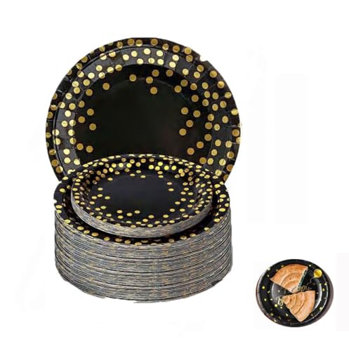 Wxinsheng Pappteller,50 Stück Party Dekoration Pappteller Wiederverwendbares Pappteller,Schwarz mit Golddruck Gepunktete Papier Teller zum Servietten zum Geburtstag,Hochzeiten,Jubiläums (17.8 cm) von Wxinsheng