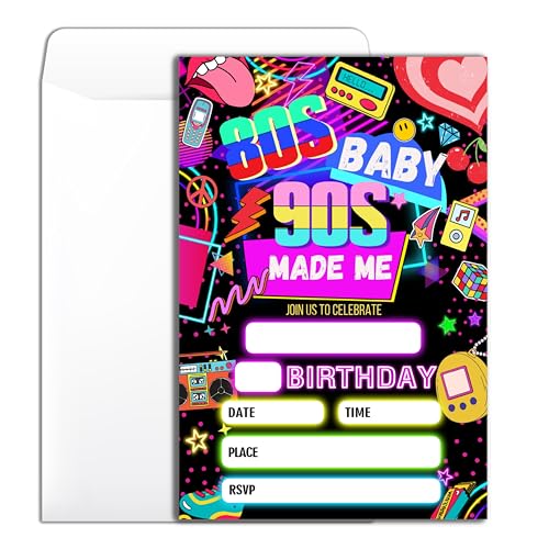 B004 Einladungskarten mit 90er-Jahre-Motto, Retro-/Vintage-Party, Geburtstag, 80er-Jahre-Babyeinladung, 90er-Jahre-Stil, Nostalgie, 20 Einladungen mit Umschlägen, für Damen und Herren B004 Einladungskarten mit 90er-Jahre-Motto, Retro-/Vintage-Party, Geburtstag, 80er-Jahre-Babyeinladung, 90er-Jahre-Stil, Nostalgie, 20 Einladungen mit Umschlägen, für Damen und Herren von Wybgno