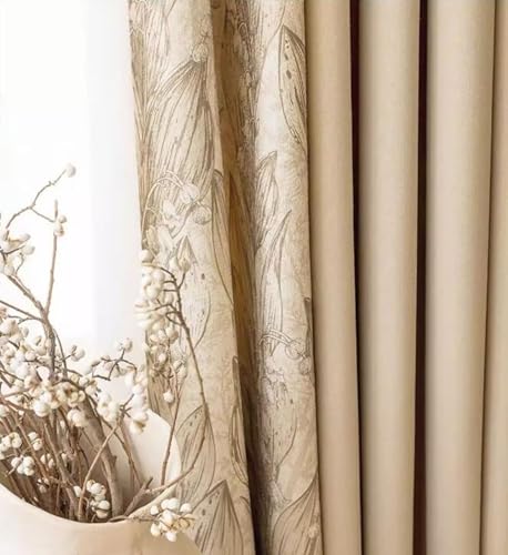 Wycian Gardine Kurz Elegant Kurzgardine Verdunkelung Khaki 2er Pack Kombination Aus Volltonfarbe und Blumenmuster H115 x B86 cm (2er Pack) Chenille von Wycian