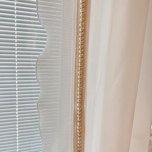 Wycian Gardine Kurz Vorhang Kurzgardine 2er Set Beige Voile Einfarbig mit Perlen Spitze H115 x B132 cm (2er Pack) Tuch Küchenvorhänge von Wycian