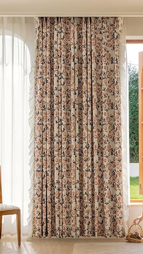 Wycian Kurze Gardinen Fenster Kurzgardine Verdunkelung Braun 2er Pack Blumenmuster mit Rüschen H115 x B86 cm (2er Pack) Chenille von Wycian