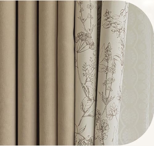 Wycian Kurzgardine Küche Modern Vorhänge Kurz Verdunkelung Khaki 2er Pack Kombination Aus Volltonfarbe und Blumenmuster H115 x B86 cm (2er Pack) Chenille von Wycian