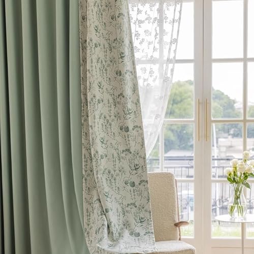 Wycian Kurzgardine Schlafzimmer Vorhänge Kurz Verdunkelung Grün 2er Pack Kombination Aus Volltonfarbe und Blumenmuster H115 x B86 cm (2er Pack) Chenille von Wycian