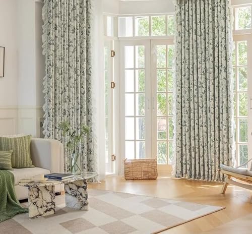 Wycian Vorhänge Kurz Wohnzimmer Kurzgardine Verdunkelung Grün 2er Pack Blumenmuster mit Rüschen H115 x B96 cm (2er Pack) Chenille von Wycian