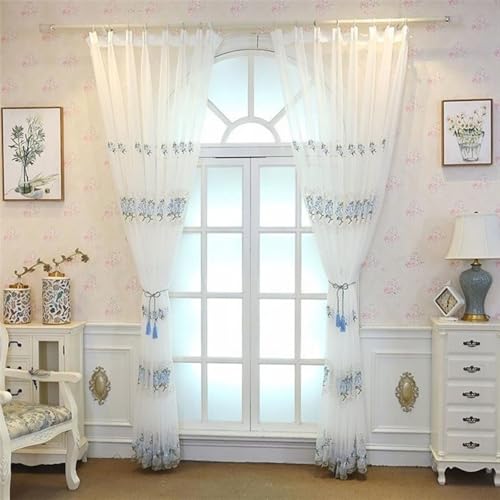 Wycian Vorhang Kurz Fenster Kurzgardine 2er Set Hellblau Voile Stickmuster H115 x B107 cm (2er Pack) Polyester Vorhang Art Deco von Wycian
