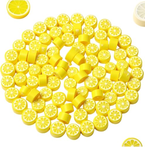 200 Stück gelbe Zitronen-Polymer-Ton-Perlen, 10 mm, Obst-Charm-Abstandshalter für Schmuckherstellung, Halskette, Ohrringe und Armband, Bastelbedarf, flache Perlen, Sommer-Schmuck-Sets und von Wyjuan
