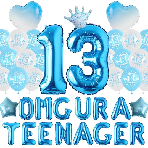 13 Geburtstag Dekorationen für Jungen Mädchen - Blau Luftballons Omg Ur a Teenager Banner, Herz Krone Nummer 13 Folienballon für Teen Boy 13th Party Supplies 13 Geburtstag Dekorationen für Jungen Mädchen - Blau Luftballons Omg Ur a Teenager Banner, Herz Krone Nummer 13 Folienballon für Teen Boy 13th Party Supplies von Wylario
