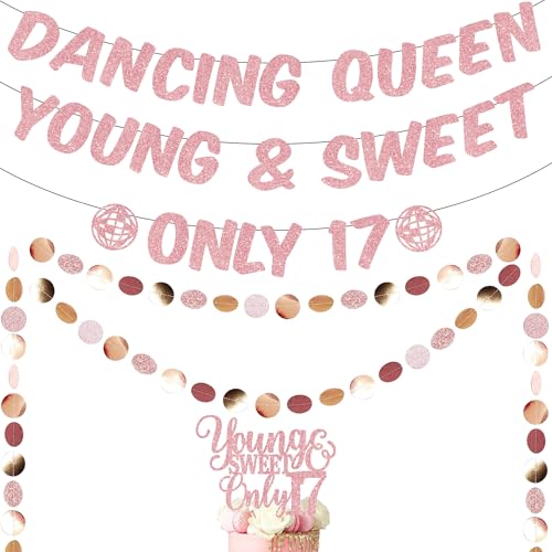 17th Dancing Queen Geburtstag Party Dekorationen - Roségold Junge und Süße Disco Banner für Mädchen, Glitzer nur 17 Cake Topper Kreis Punkt Hängend für Bachelorette Decor 17th Dancing Queen Geburtstag Party Dekorationen - Roségold Junge und Süße Disco Banner für Mädchen, Glitzer nur 17 Cake Topper Kreis Punkt Hängend für Bachelorette Decor von Wylario