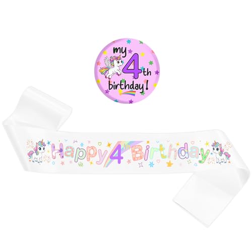 4. Geburtstag Dekorationen Schärpe für Mädchen – bunte Einhorn-Themen-Schärpe mit Knopfabzeichen, Happy 4 Years Old Birthday Party Dekoration für Kinder Party Supplies 4. Geburtstag Dekorationen Schärpe für Mädchen – bunte Einhorn-Themen-Schärpe mit Knopfabzeichen, Happy 4 Years Old Birthday Party Dekoration für Kinder Party Supplies von Wylario