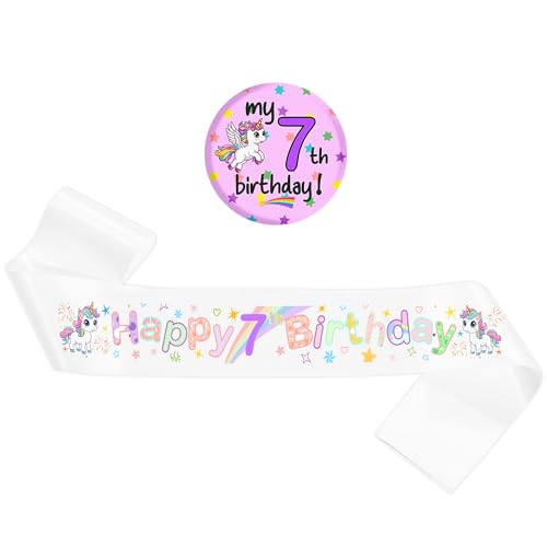 7. Geburtstag Dekorationen Schärpe für Mädchen – bunte Einhorn-Themen-Schärpe mit Knopfabzeichen, Happy 7 Years Old Birthday Party Dekoration für Kinder Party Supplies 7. Geburtstag Dekorationen Schärpe für Mädchen – bunte Einhorn-Themen-Schärpe mit Knopfabzeichen, Happy 7 Years Old Birthday Party Dekoration für Kinder Party Supplies von Wylario