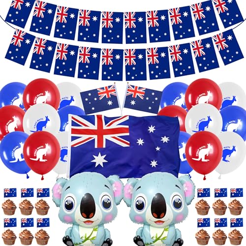 Australische Party-Dekorationen, Banner, Luftballons – 143-teiliges blaues Party-Requisiten-Set mit handgewellter Flagge, Tier-Folienballon und Wimpelkette, für den australischen Tag, patriotisches Australische Party-Dekorationen, Banner, Luftballons – 143-teiliges blaues Party-Requisiten-Set mit handgewellter Flagge, Tier-Folienballon und Wimpelkette, für den australischen Tag, patriotisches von Wylario