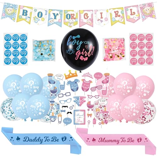 Baby Geschlecht Enthüllung Dekoration Luftballons - Rosa Blau Junge oder Mädchen Banner Set mit Abstimmungsspiel Aufklebern, Foto Requisiten Daddy und Mommy to Be Schärpe für Babyparty Party Supplies Baby Geschlecht Enthüllung Dekoration Luftballons - Rosa Blau Junge oder Mädchen Banner Set mit Abstimmungsspiel Aufklebern, Foto Requisiten Daddy und Mommy to Be Schärpe für Babyparty Party Supplies von Wylario
