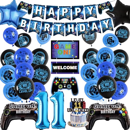 Banner zum 11. Geburtstag Kinder - Blau Gaming Party Dekor Set mit Controller Folienballons, Happy Birthday Banner Ballon Kuchen Topper für Jungen 11 Jahre alt Party Supplies von Wylario