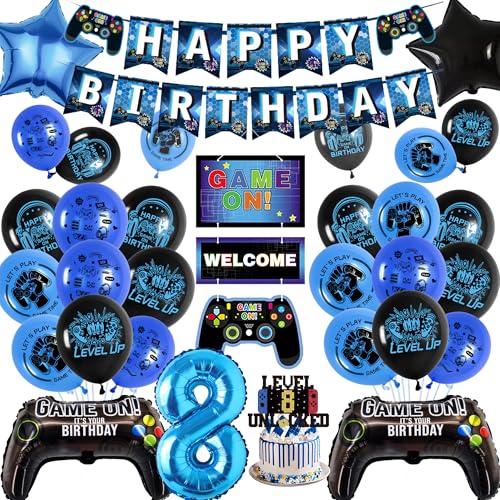 Banner zum 8. Geburtstag Kinder - Blau Gaming Party Dekor Set mit Controller Folienballons, Happy Birthday Banner Ballon Kuchen Topper für Jungen 8 Jahre alt Party Supplies Banner zum 8. Geburtstag Kinder - Blau Gaming Party Dekor Set mit Controller Folienballons, Happy Birthday Banner Ballon Kuchen Topper für Jungen 8 Jahre alt Party Supplies von Wylario