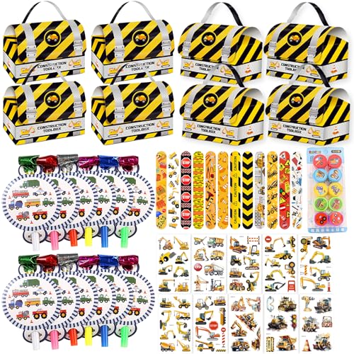 Bau-Partytüten für Kinder – 56 Stück, Konstruktionen, Fahrzeug-Stempel, Gastgeschenke, Tasche mit Partygebläsen, niedliche Slap-Armbänder, Tattoo-Aufkleber für Jungen und Mädchen von Wylario