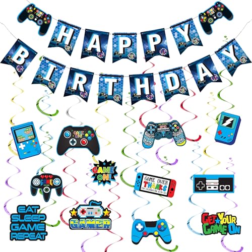 Blaue Videospiel-Party-Dekorationen – Happy Birthday Banner Wimpelkette Girlande Dekor für Jungen Kinder, Videospiel-Thema, hängende Wirbel, Partyzubehör für Kinder und Erwachsene Blaue Videospiel-Party-Dekorationen – Happy Birthday Banner Wimpelkette Girlande Dekor für Jungen Kinder, Videospiel-Thema, hängende Wirbel, Partyzubehör für Kinder und Erwachsene von Wylario