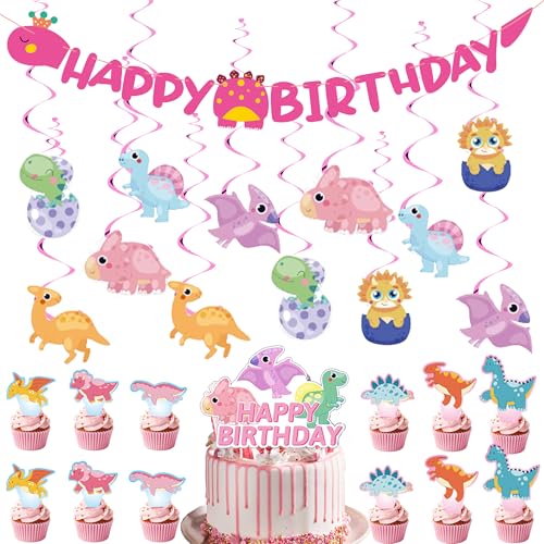 Dinosaurier Geburtstag Party Dekorationen Kit - Rosa Happy Birthday Banner Kuchen Topper für Mädchen, Cartoon Dinosaurier Hängende Wirbel Cupcake Toppers für Dino Thema Party Supplies Dinosaurier Geburtstag Party Dekorationen Kit - Rosa Happy Birthday Banner Kuchen Topper für Mädchen, Cartoon Dinosaurier Hängende Wirbel Cupcake Toppers für Dino Thema Party Supplies von Wylario