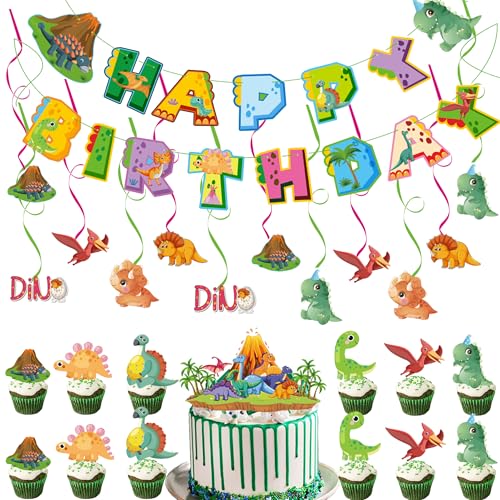 Dinosaurier-Geburtstagsparty-Dekorationsset – 40 Stück "Happy Birthday"-Banner für Jungen, Cartoon-Dinosaurier, hängende Wirbel, Cupcake-Topper für Dino-Themenparty-Zubehör Dinosaurier-Geburtstagsparty-Dekorationsset – 40 Stück "Happy Birthday"-Banner für Jungen, Cartoon-Dinosaurier, hängende Wirbel, Cupcake-Topper für Dino-Themenparty-Zubehör von Wylario