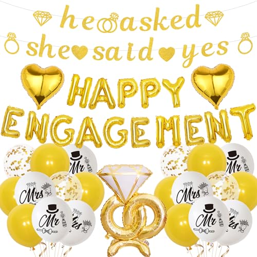 Engagement Party Dekorationen Banner Luftballons - Gold Engaged Dekoration Set mit Herz Folienballon, He Asked She Said Yes Banner Diamantring für Hochzeit Party Supplies von Wylario