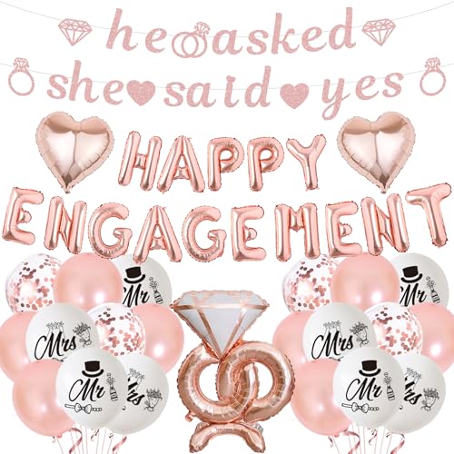 Engagement Party Dekorationen Banner Luftballons - Rose Gold Engaged Decoration Set mit Herz Folienballon, He Asked She Said Yes Banner Diamantring für Hochzeit Party Supplies von Wylario