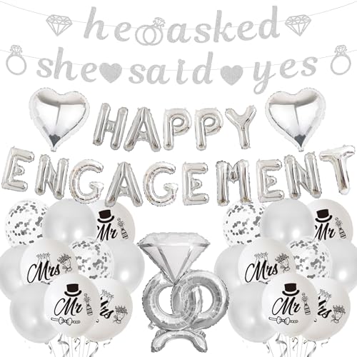 Engagement Party Dekorationen Banner Luftballons - Silber Engaged Dekoration Set mit Herz Folienballon, He Asked She Said Yes Banner Diamantring für Hochzeit Party Supplies von Wylario