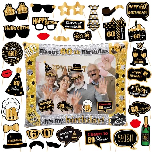 Foto-Requisiten zum 60. Geburtstag – Happy 60th Birthday Party Dekorationen Schwarz Gold Aufblasbarer Selfie-Rahmen, 60 und fabelhafte lustige Party-Fotokabinen-Zubehör für Frauen Männer Foto-Requisiten zum 60. Geburtstag – Happy 60th Birthday Party Dekorationen Schwarz Gold Aufblasbarer Selfie-Rahmen, 60 und fabelhafte lustige Party-Fotokabinen-Zubehör für Frauen Männer von Wylario