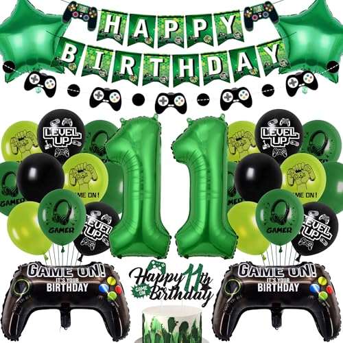 Gaming Geburtstag Dekorationen Luftballons Junge - Grün Happy 11th Birthday Banner Dekorationsset mit Folienballon, Game Controller für Videospiel Thema 11 Jahre Alt Party Supplies von Wylario