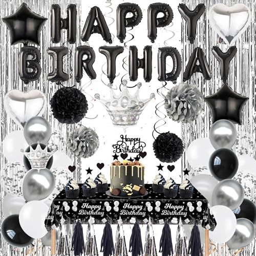 Geburtstag Deko für Frauen Männer - Schwarz und Silber Party Dekorationen Ballon Set Happy Birthday Banner Papier Pom Poms Hängende Wirbel Fransen Vorhang Tischdecke für Geburtstagsfeier Supplies Geburtstag Deko für Frauen Männer - Schwarz und Silber Party Dekorationen Ballon Set Happy Birthday Banner Papier Pom Poms Hängende Wirbel Fransen Vorhang Tischdecke für Geburtstagsfeier Supplies von Wylario